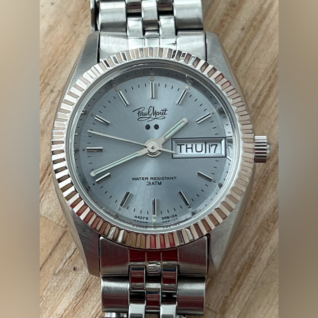 Paul Maret Ladies Watch Light Blue Dial Stainless Bracelet Day Date Windows